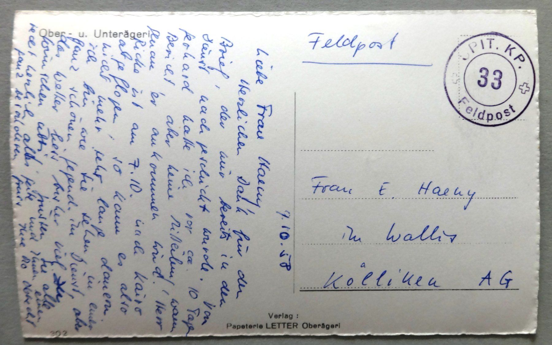 Cartoline postali: Ober- u. Unterägeri – Usato da Fétigny venduto da Billy2miny 1