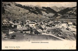 AK Zweisimmen /Simmental, Ortsansicht mit Bergpanorama