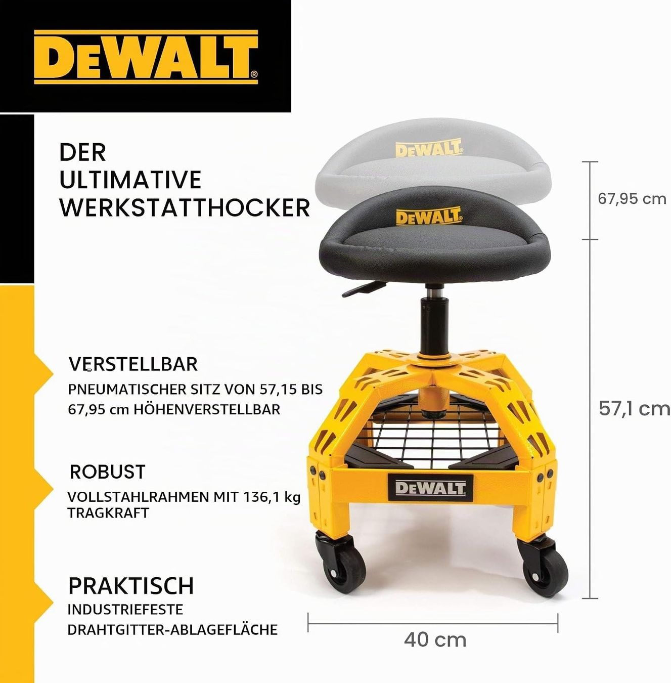 Sgabelli: DEWALT Werkstatthocker höhenverstellbar drehbar Rollhocker – Nuovo e nell'imballaggio originale da Genève venduto da Top-Trend 2