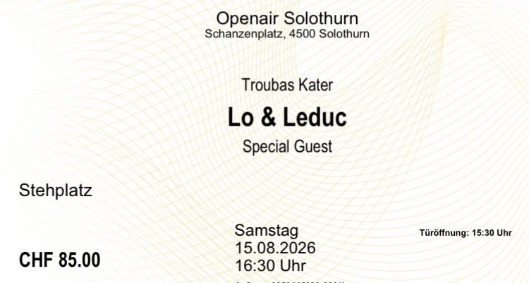 Billets: Openair Solothurn, 2x Stehplatz, 15.08.2026 – Neuf avec emballage d'origine à Oberbuchsiten par miggalina