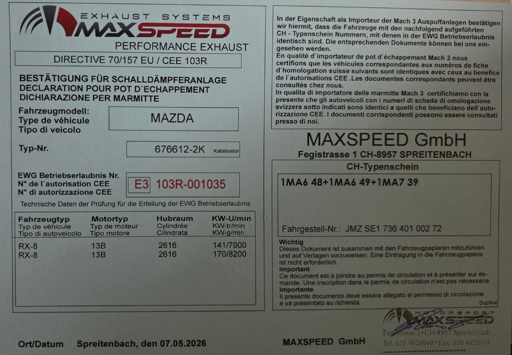 Mazda Auspuffanlagen: Maxspeed Sportkatalysator Mazda rx8 – Gebraucht aus Winterthur von Paris-Casanova 3