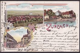 Zurzach farbige Lithografie 3 Bilder Hauptstrasse Burg etc.