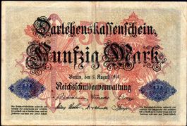 DARLEHENSKASSENSCHEIN FÜNTZIG MARK BERLIN DEN 5. AUGUST 1914