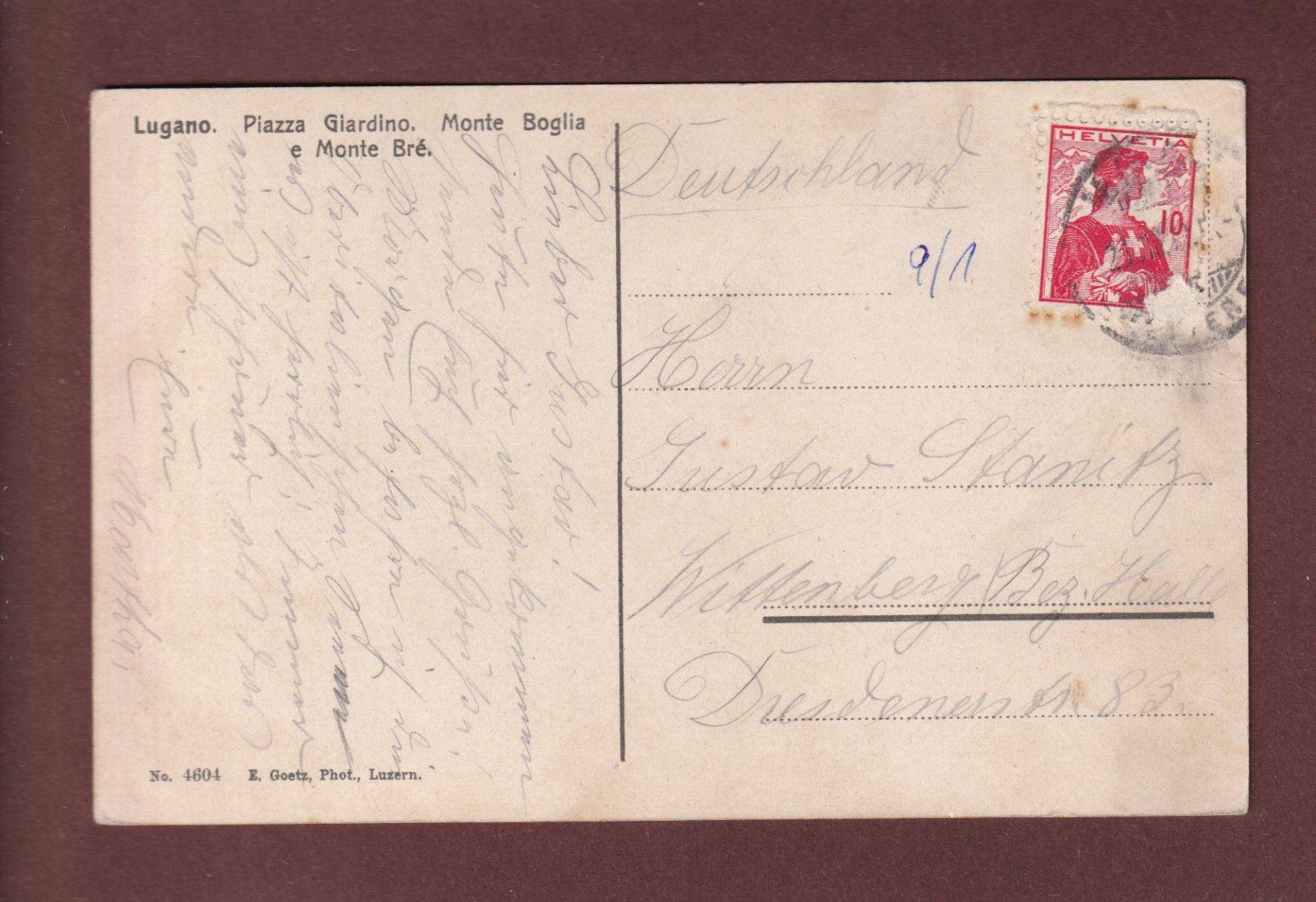 Cartoline postali: LUGANO - Piazza Giardino - Monte Brè - 1912 – Usato da Pully venduto da nicecards 1