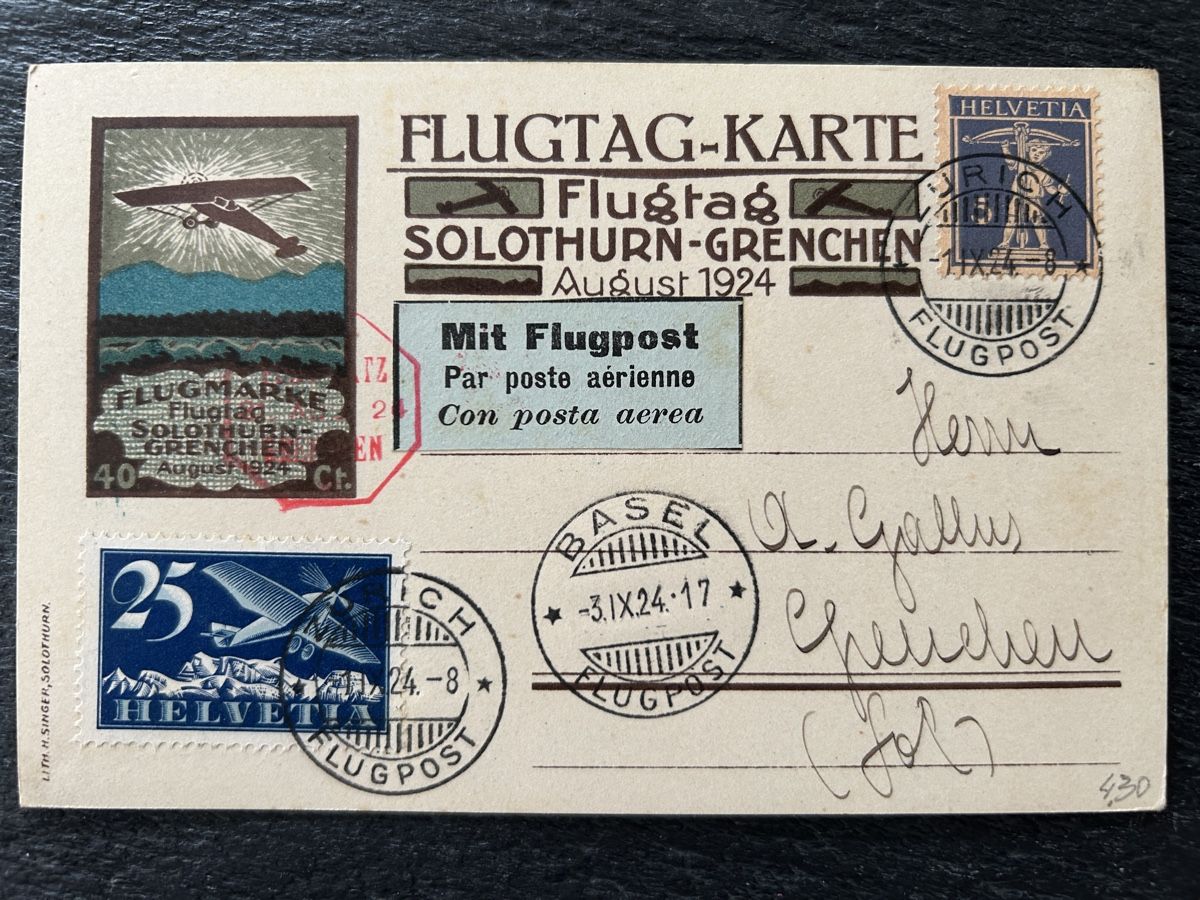 Alle Briefmarken: 1924 carte postale  Flugtag Solothurn-Grenchen – Gebraucht aus Vétroz von Laly63