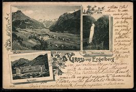 AK Engelberg, Panorama, Täschbach-Fall und Kuranstalt