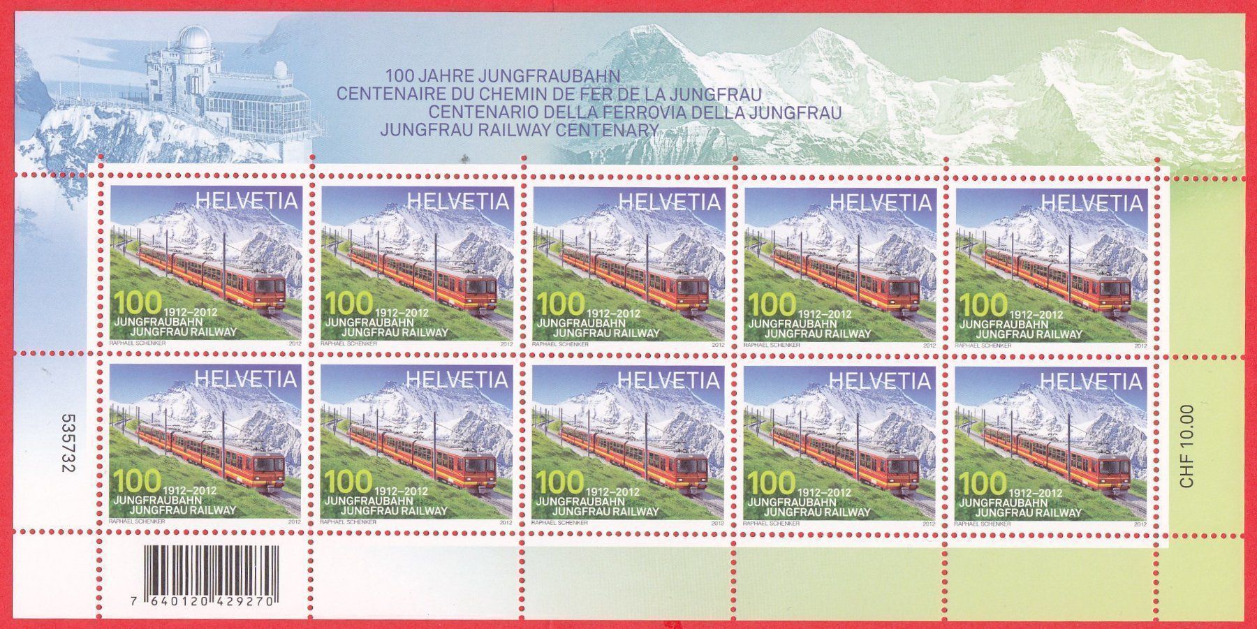 Tutti i francobolli: 2012  Kleinbogen Jungfraubahn  10x 1Fr.  ** Postfrisch ** – Nuovo (secondo la descrizione) da Adliswil venduto da Aenti