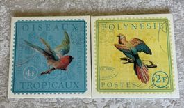 2 Leinwanddrucke, Tropische Vögel im Briefmarkenmotiv