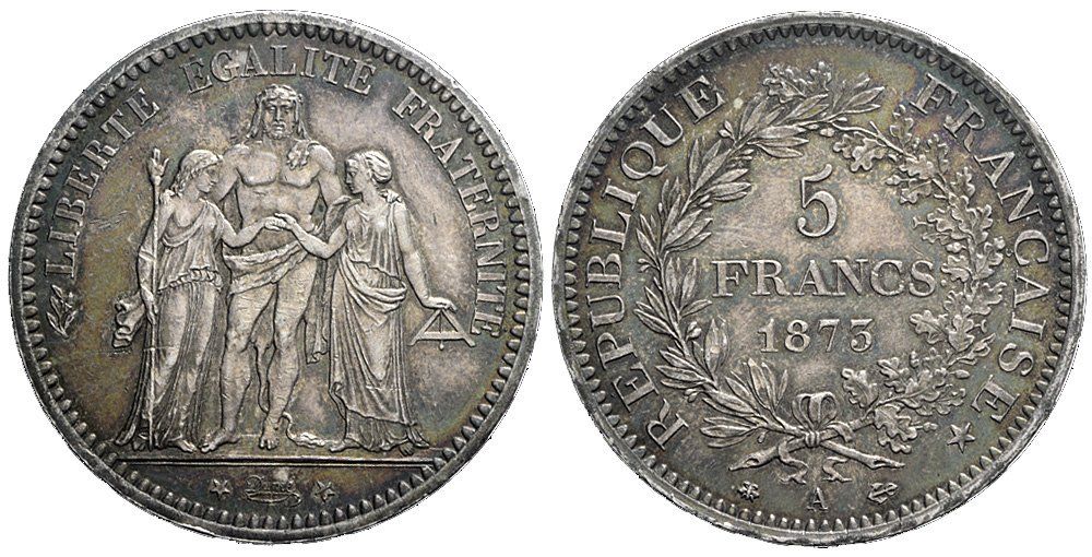 Tutti le monete: Frankreich, 5 Francs 1873 A Paris – Usato da Chiasso venduto da Novamarketing