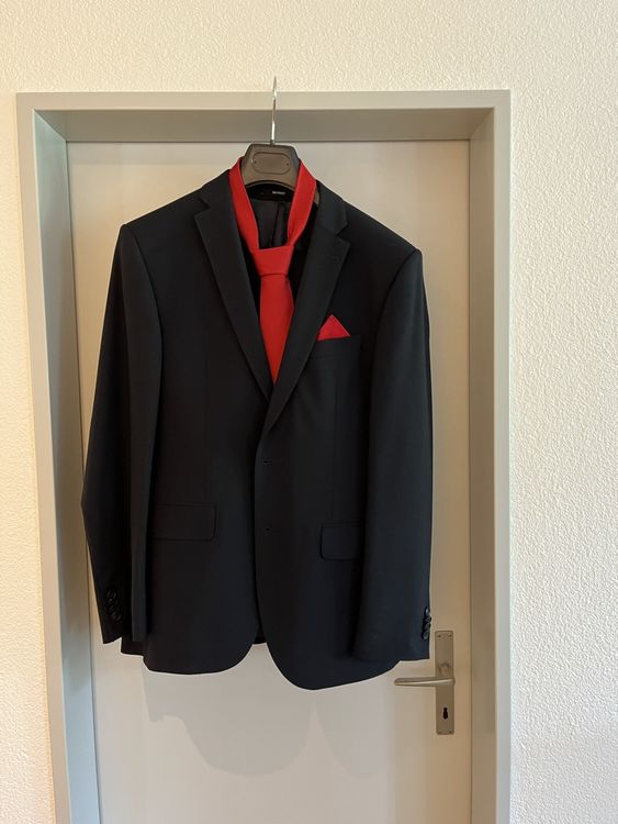 Herren Tweed-Anzug Fischgrätenmuster – 3-teilig, Marineblau Mit Roten Akzenten | Für Business & Hochzeit