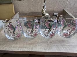 4er Set Gläser Kolibri mit Blumenmotiv Goldrand 