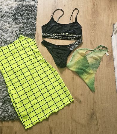 Dress Bikini Scarf Set Lime Grid Black Swimwear L