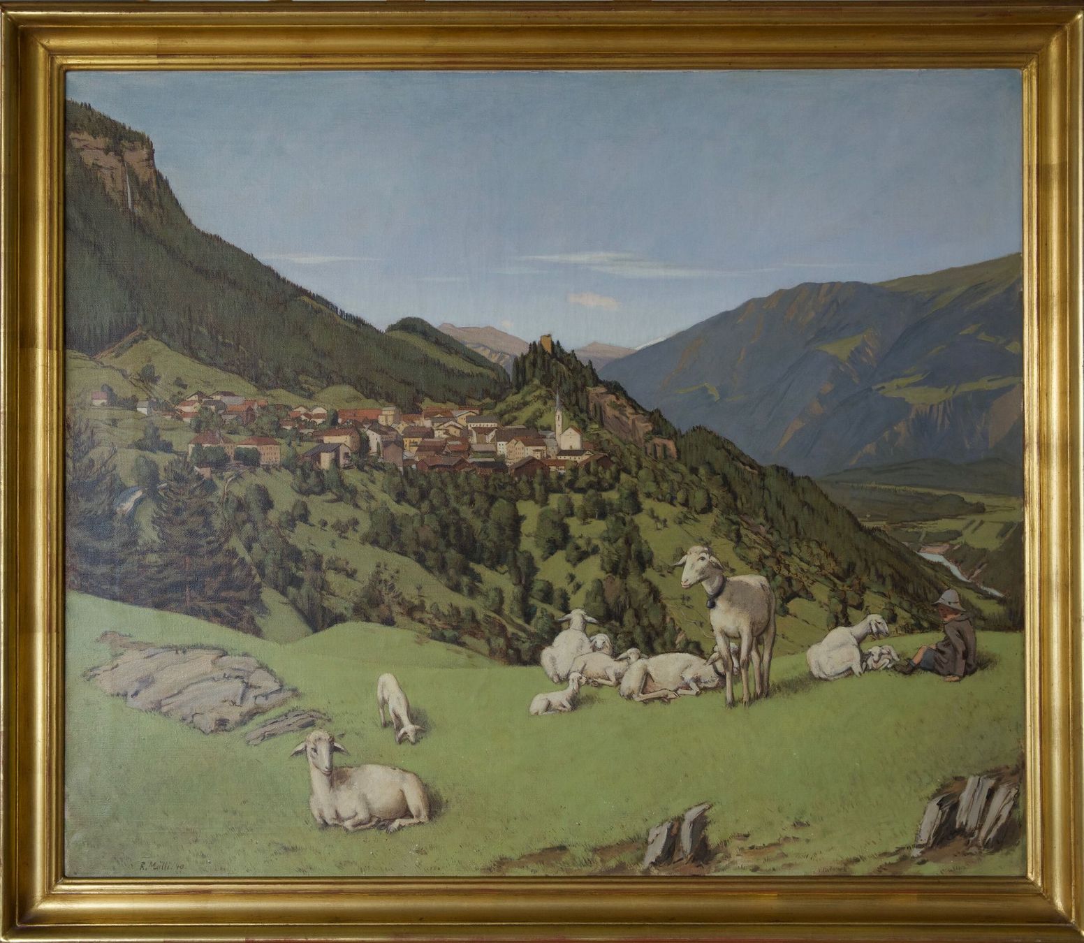 Dipinti: Rudolf Mülli, Schafherde mit Hirtenjunge vor Bergdorf – Usato da Hagenbuch ZH venduto da Consus 1