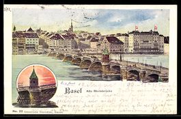 AK Basel, Blick auf alte Rheinbrücke