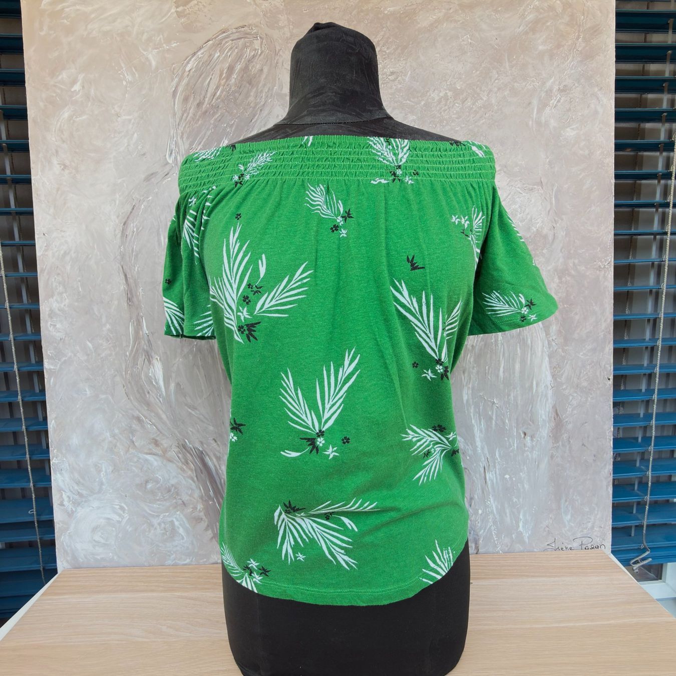H&M Top: Top Bardot H&M Vert Tropical Coton, H&M – Usato da Thônex venduto da Suisse.Shopping 1