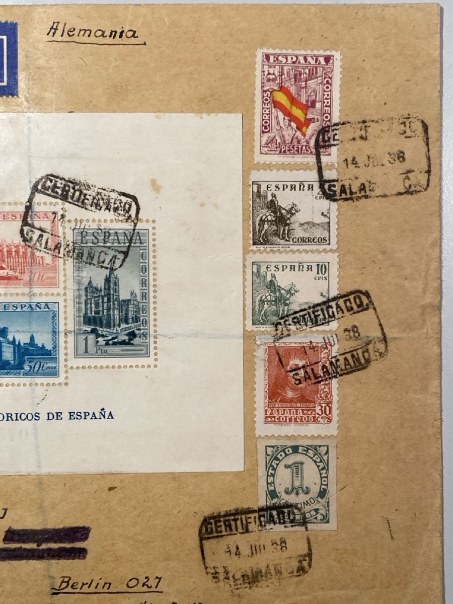 Tutti i francobolli: Spanien 1938, nach Berlin mit Block # 5 RR, top – Usato da Küssnacht a. Rigi venduto da Unique-Valuable 2