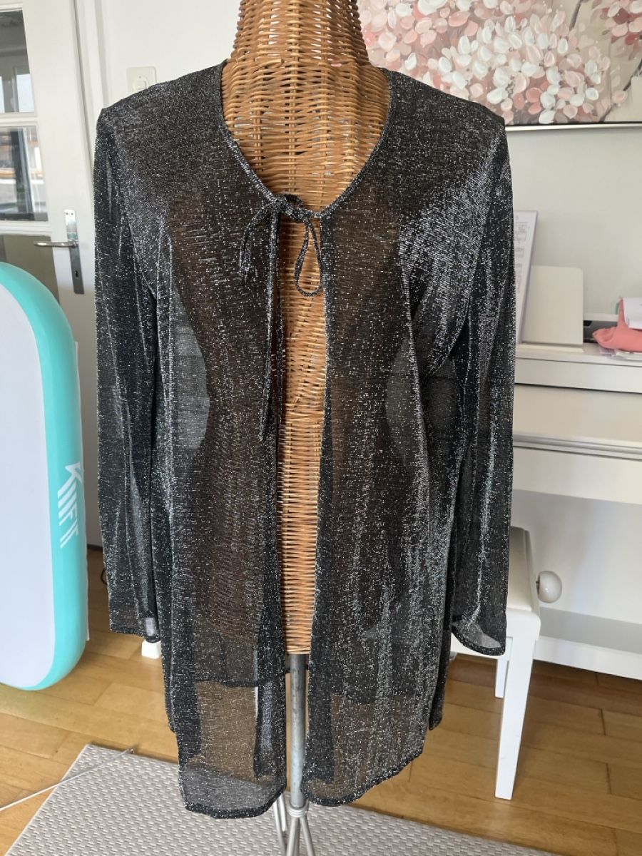 Jacken: Glitzer Strickjacke lang, Silber, transparent, M/L – Gebraucht aus Solothurn von Bobesch08