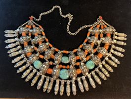 Authentique Collier Tibétain Ancien Argent Turquoises Corail