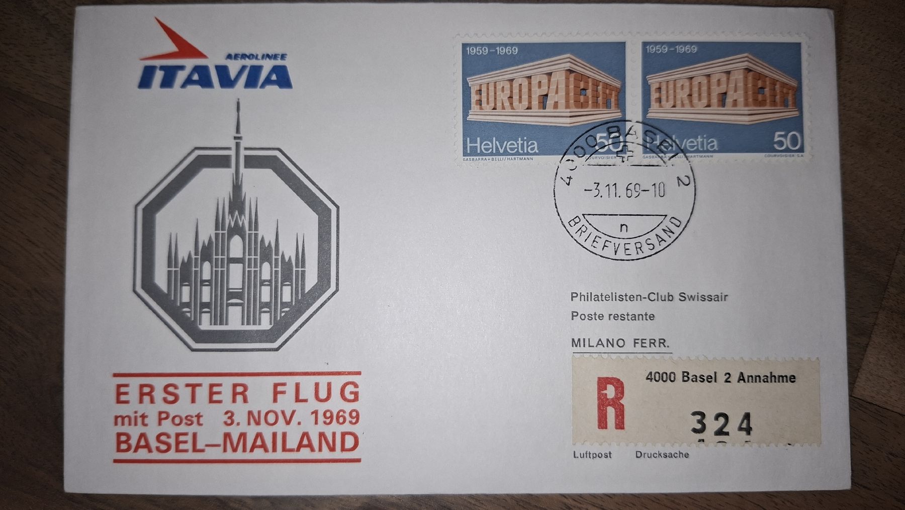 Tutti i francobolli: Itavia Basel - Mailand 03.11.1969 – Usato da Balgach venduto da SIMEON27