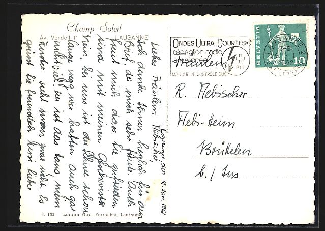 Cartoline postali: Lausanne, Hotel Champ Soleil, Av. Verdei – Usato da Berlin venduto da bartko-reher 1