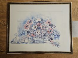 Aquarell Blumenstilleben - Zarte Blüten in Blau & Rosa