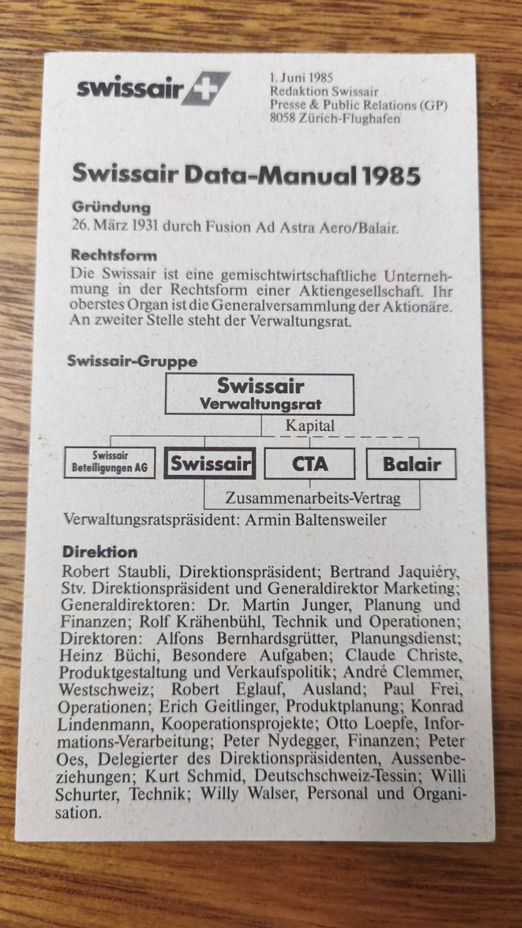 Swissair Documenti: Swissair Data-Manual 1985 – Usato da Aesch BL venduto da Opirol