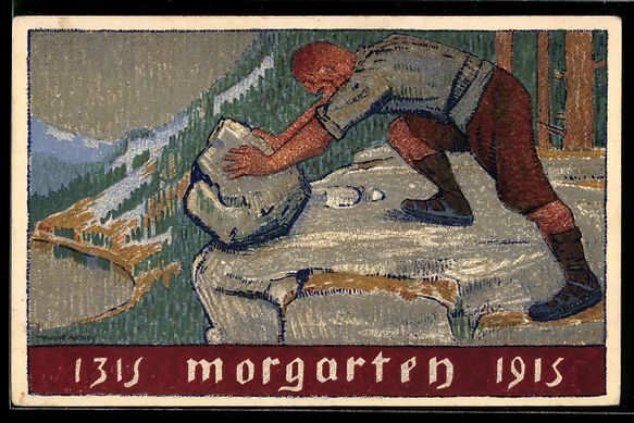Cartoline postali: Morgarten, 1315-1915, Mann rollt Gestein – Usato da Berlin venduto da bartko-reher