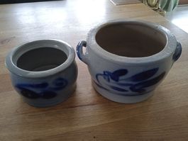 Zwei Tontöpfe Grau/Blau bemalt