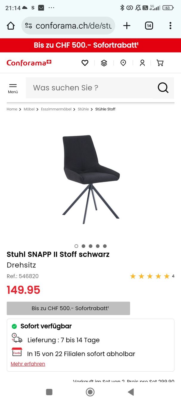Conforama Sedie: Schwarzer Drehstuhl 2 Stück,   Stuhl – Usato da Münchenbuchsee venduto da schpagi 1