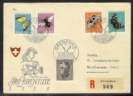 1950, J133-137 Serie auf ill. Kuvert gest. Grenchen (15476)