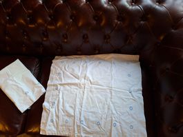 2 süsse, Vintage Kissenbezüge mit blauen Stickereien, BW
