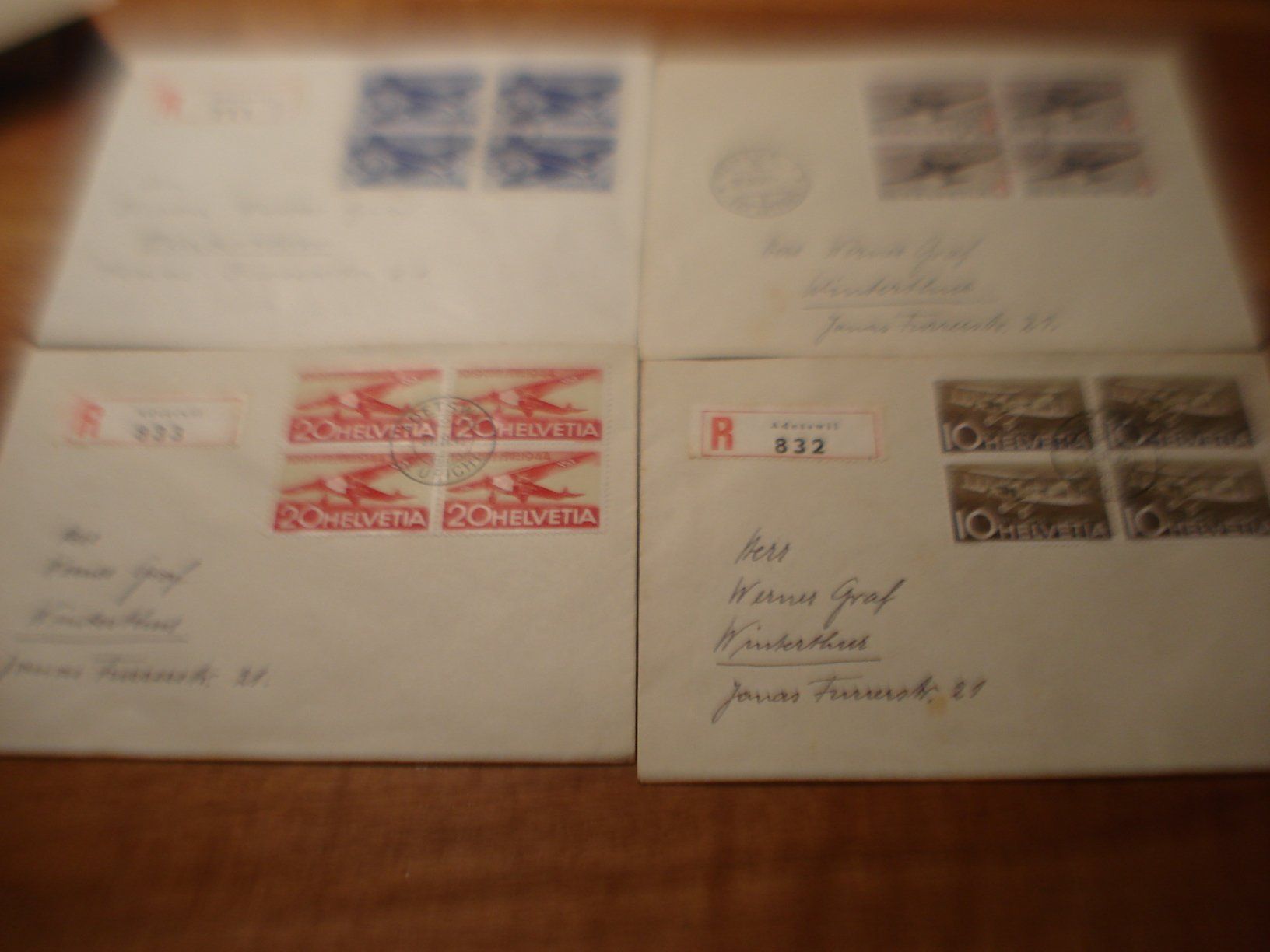 Alle Briefmarken: Briefsatz 4erblock Flugpostmarken 1944 – Gebraucht aus Niederwil AG von morostahu