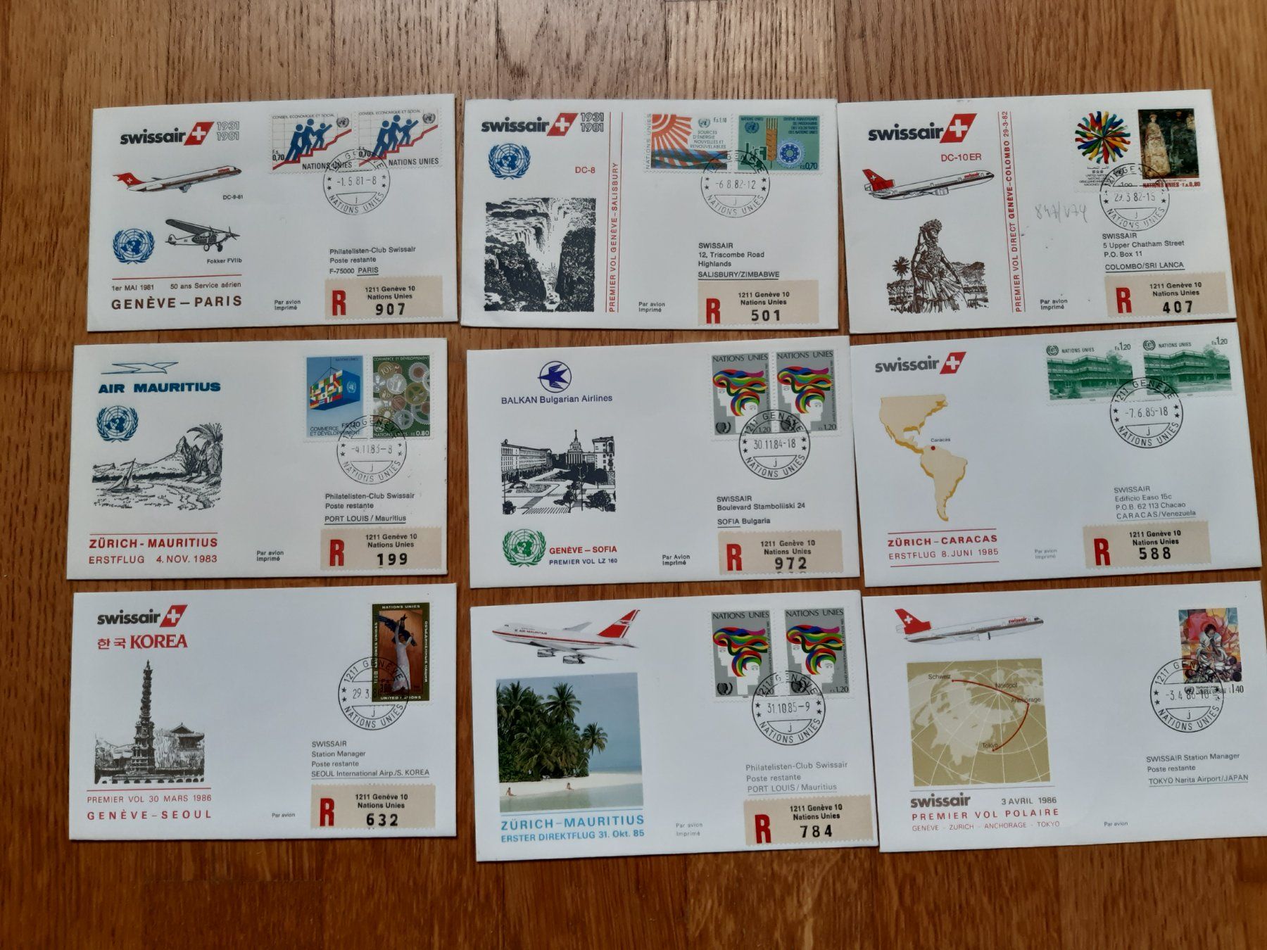 Alle Briefmarken: Flugbriefe 9 Stück, Nations unies, eingeschrieben – Neu (gemäss Beschreibung) aus Wangs von weisstannen01