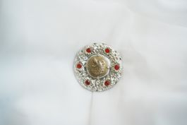 Vintage Brosche rund Silbermetall Blumen