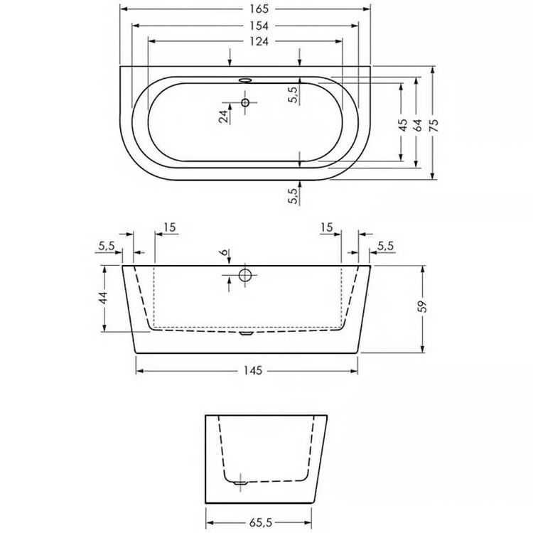Livorno Oval F Badewanne Wand 165 x 75 cm 3