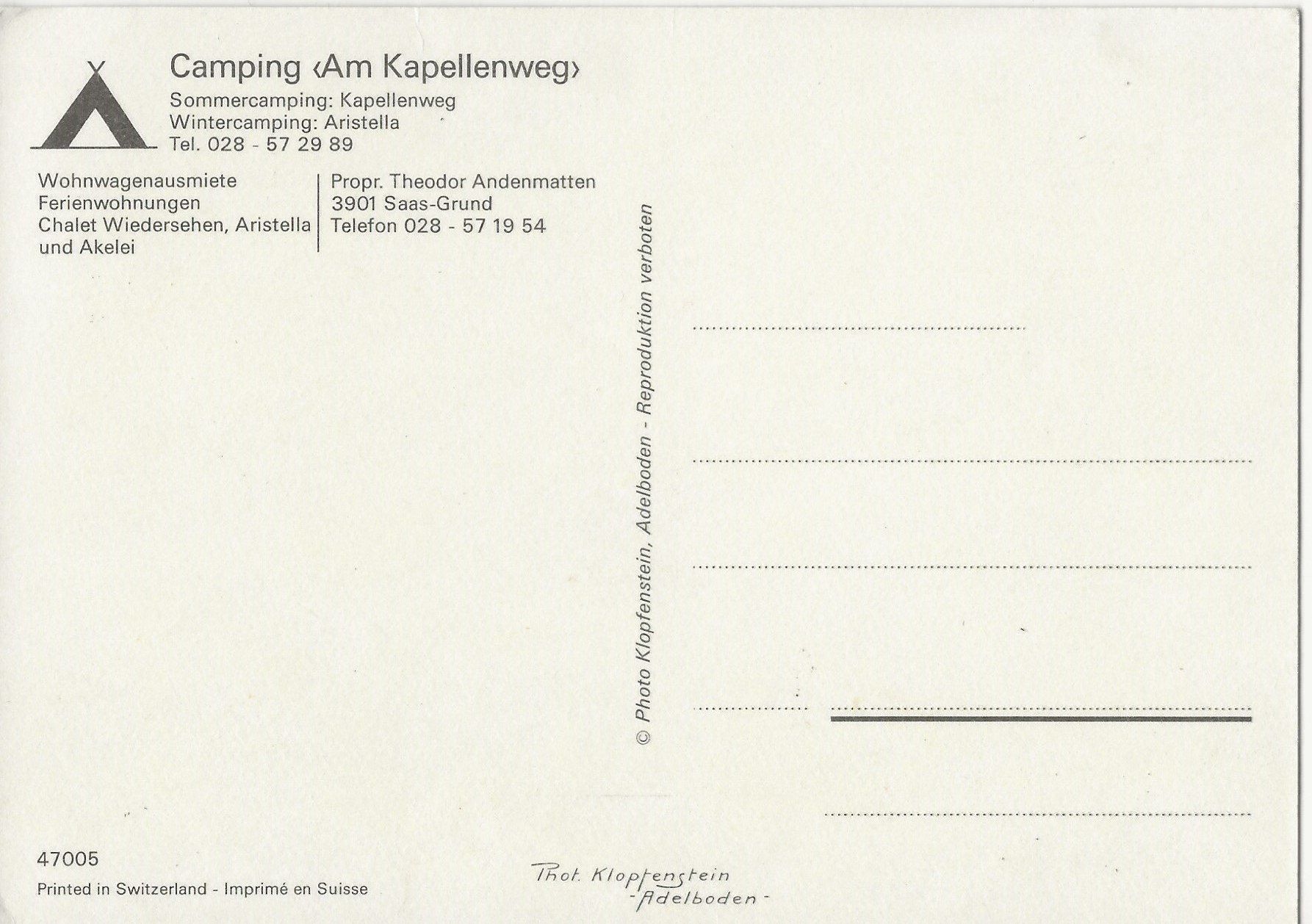 Cartoline postali: Saas-Grund, Camping "Am Kapellenweg" – Usato da Frauenfeld venduto da Merk52 1