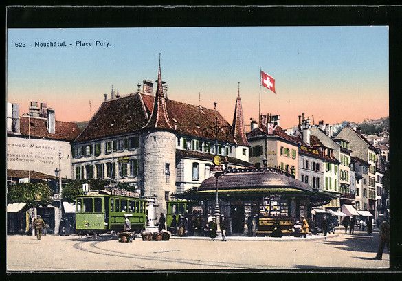 Cartoline postali: Neuchatel, Place Pury mit Strassenbahn – Usato da Berlin venduto da bartko-reher
