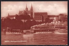 Basel, Rheinpartie mit Dampfer, Blick zu