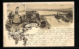 Litho Zürich, Uferpartie mit Brücke, F