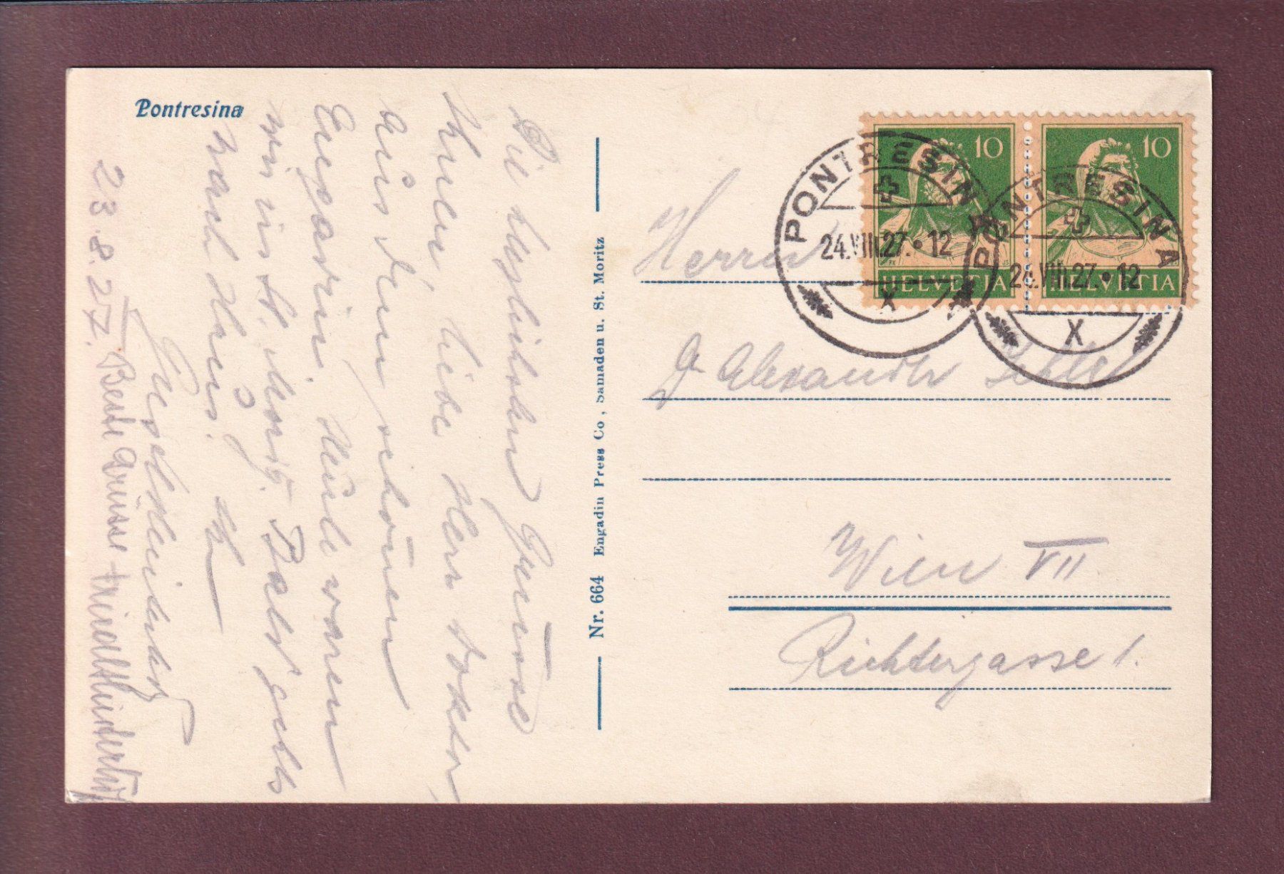 Ansichtskarten: PONTRESINA - 1927 – Gebraucht aus Pully von nicecards 1