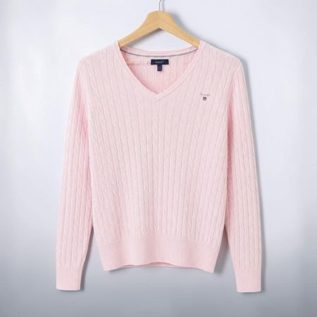 GANT Pull femme torsadé rose poudré col V – Stretch Cotton L