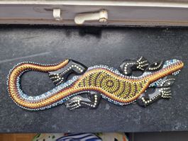2 Holz-Geckos Wanddeko Dot-Painting Ethno ca. 30 cm