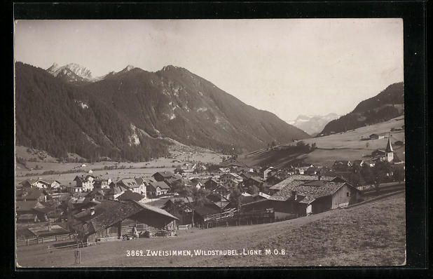 Cartoline postali: Zweisimmen, Ortsansicht mit Wildstrubel – Usato da Berlin venduto da bartko-reher