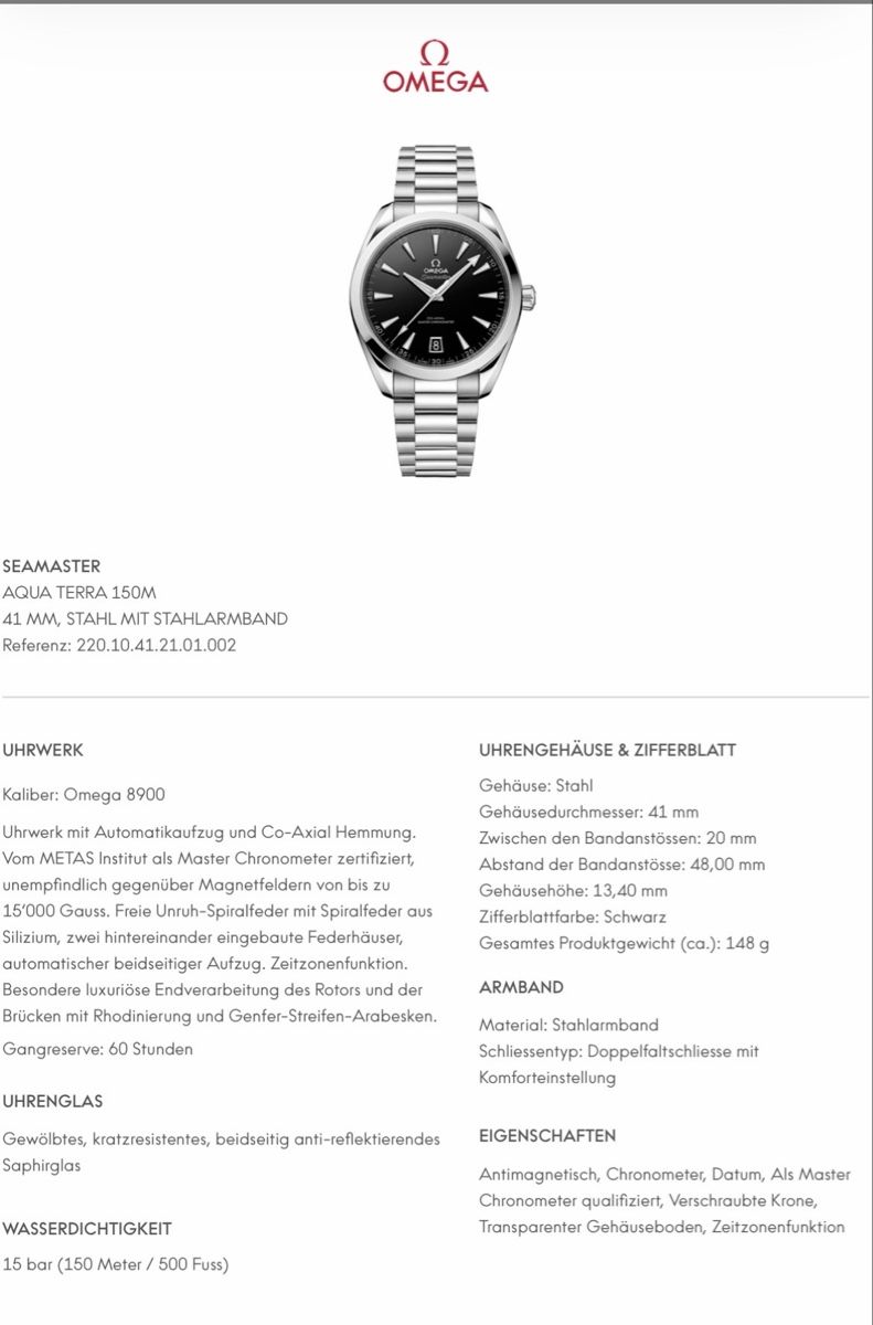 Omega Orologi: Omega Aqua Terra 41mm 2025 – Nuovo (secondo la descrizione) da Zürich venduto da masako 7