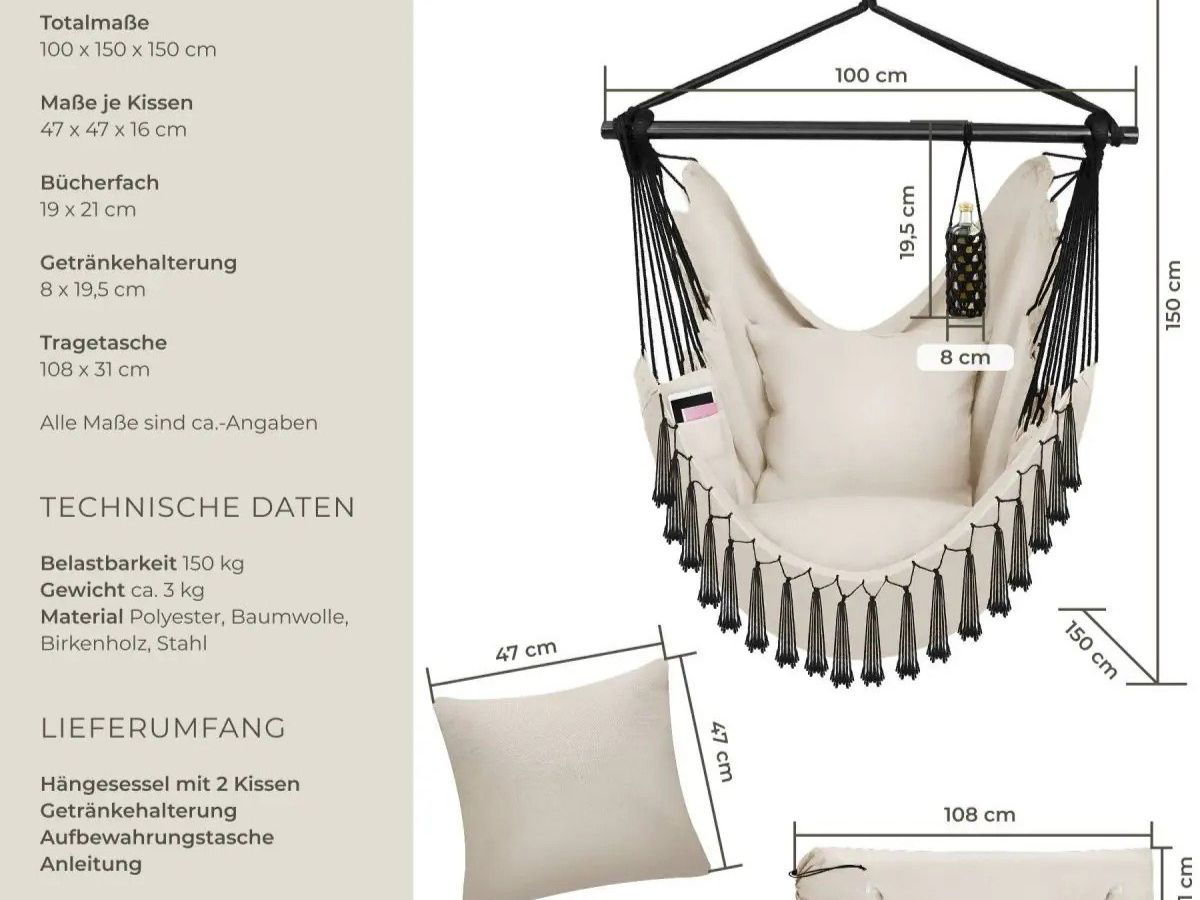 Poltrone pensili da giardino: Hängesessel Boho Style Belastbarkeit 150kg SANDIRA – Nuovo e nell'imballaggio originale da Lachen SZ venduto da sw3zzy 5