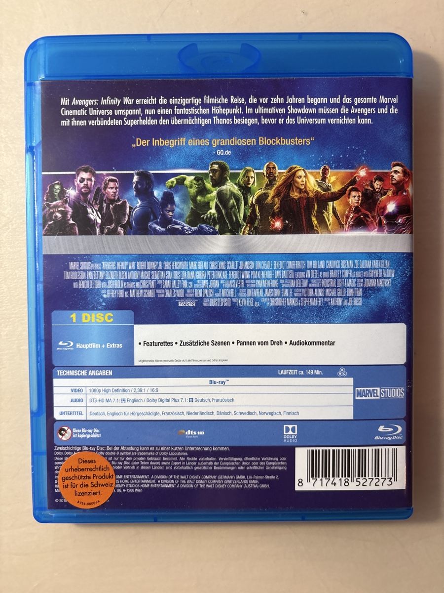 Tutti i DVDs: Avengers: Infinity War - Blu-ray - Top Zustand! – Usato da Ruswil venduto da Slivio_ 1