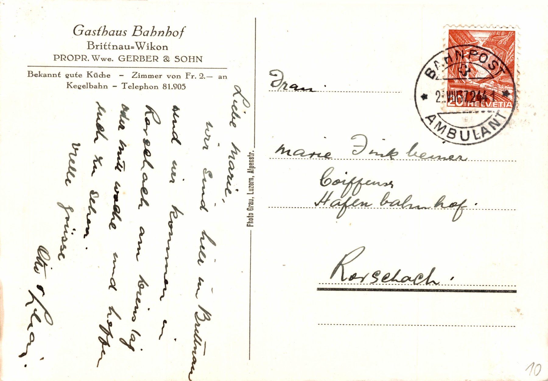 Ansichtskarten: Gasthaus Bahnhof. Brittnau-Wikon – Gebraucht aus Bronschhofen von Astore 1