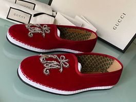 GUCCI Pearls Espadrille Bordeaux / Rot Samt Loafers 40.5 NEU