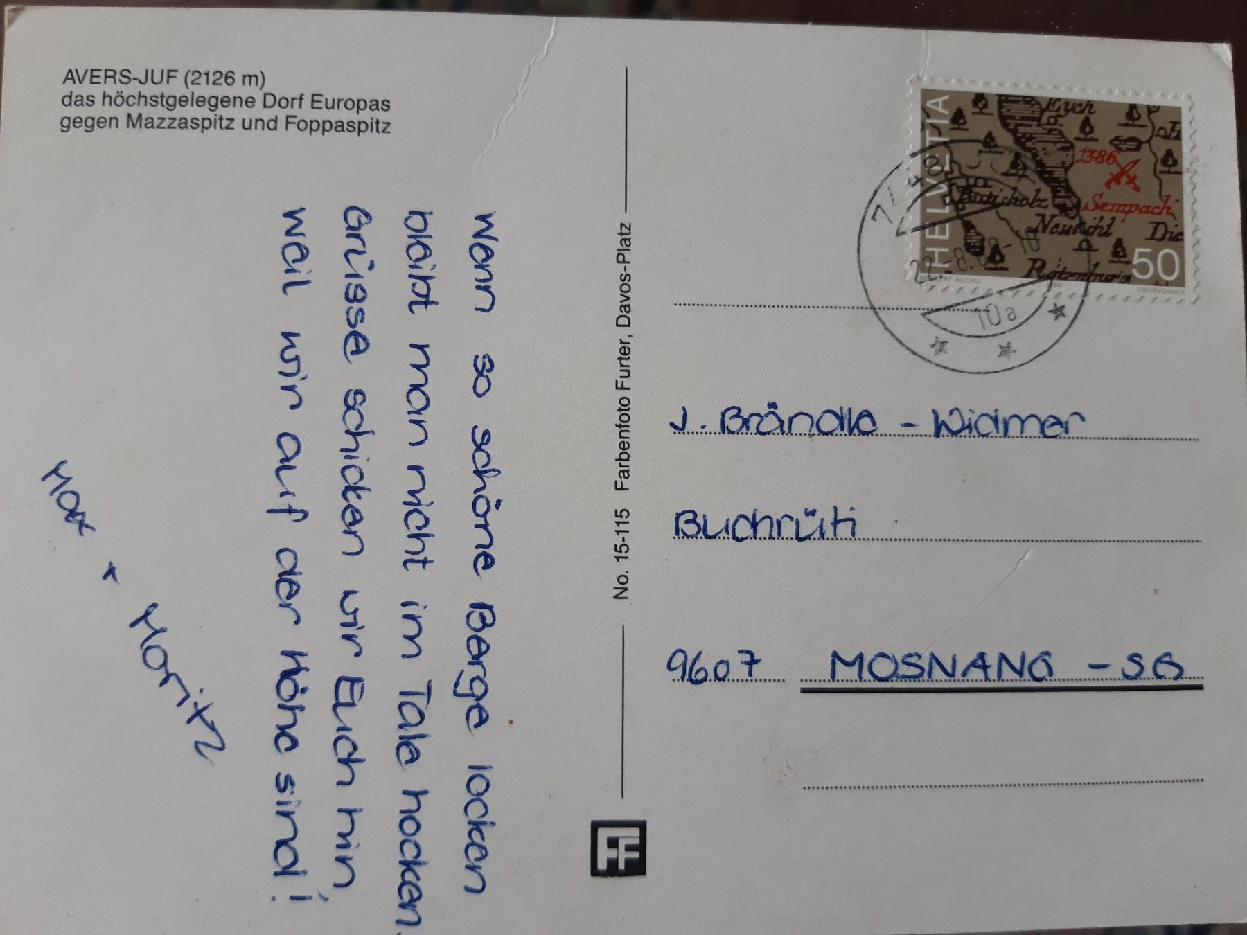 Cartoline postali: alt Postkarte Avers-Juf – Usato da Wattwil venduto da yburgler 1