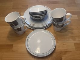 Geschirrset Kaffeebecher und Teller mit Streifenmuster 